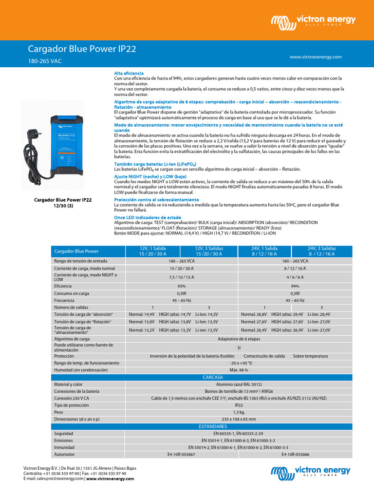 Datasheet Blue Power IP22 Charger 180 265 VAC ES | PDF | Cargador de ...