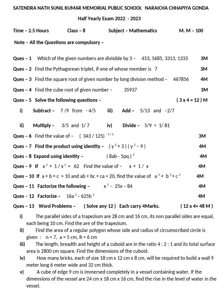 Class 8 Mathematics Half Yearly Exam | PDF | Area | Mathematics