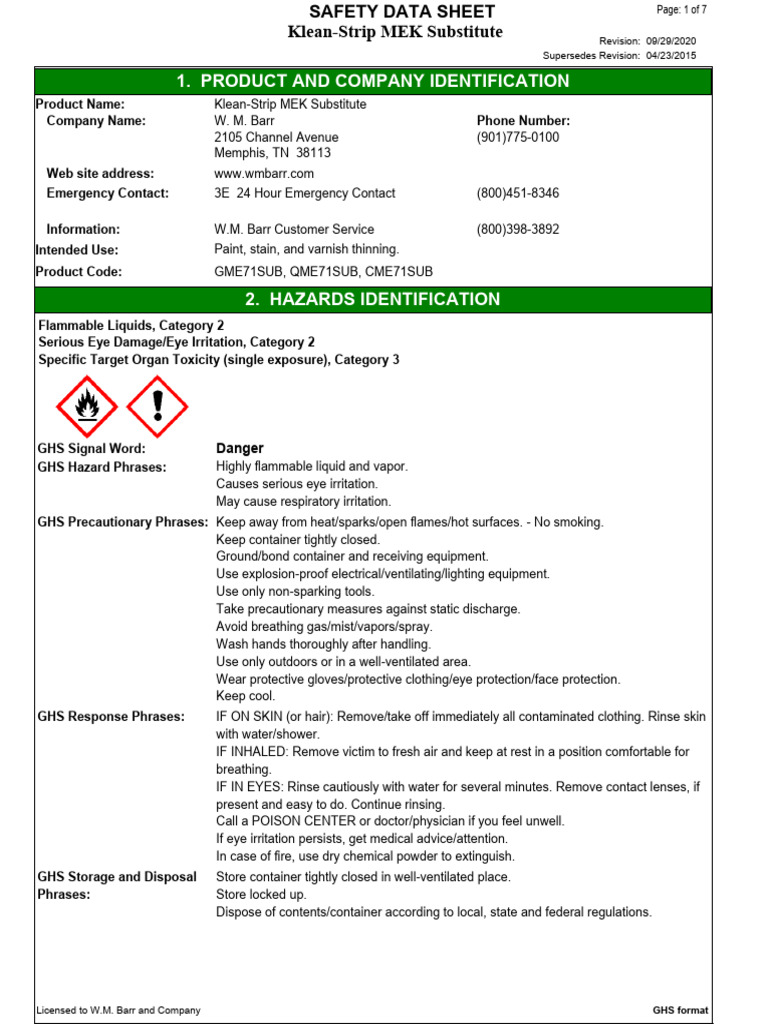 Klean-Strip MEK Substitute Safety Data Sheet | PDF | Dangerous Goods ...