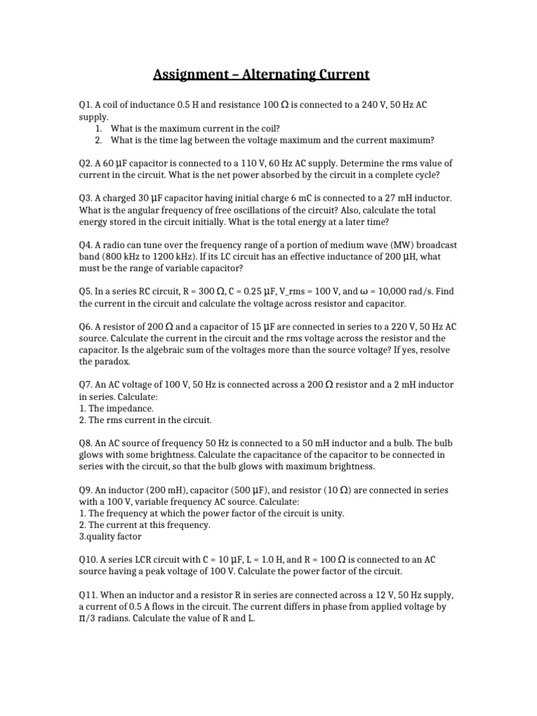 Assignment 1 - Alternative Current | PDF | Inductor | Alternating Current