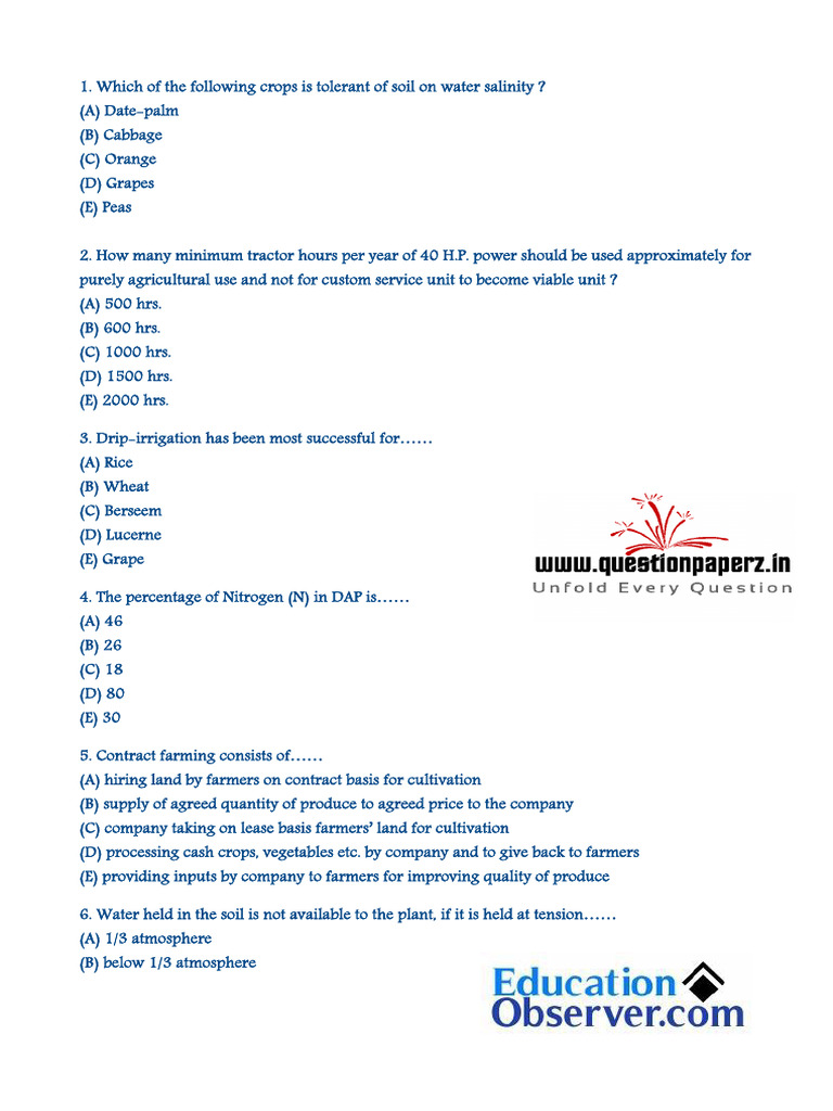 Agriculture Officer Exam Question Paper | PDF | Agriculture | Rice