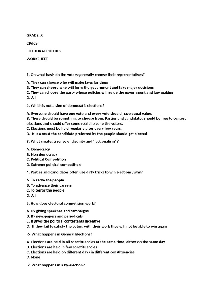 Grade IX Civics: Electoral Politics Worksheet | PDF | Elections ...