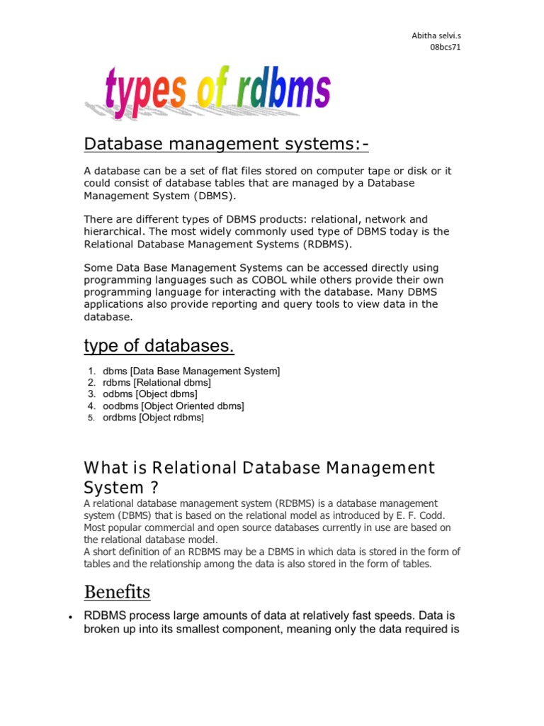 RDBMS Types and Applications Overview | PDF | Ibm Db2 | My Sql