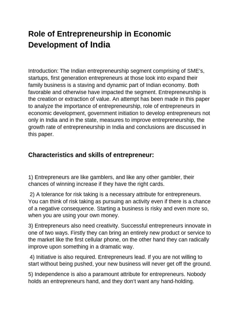 Role of Entrepreneurship in Economic Development of India | PDF ...
