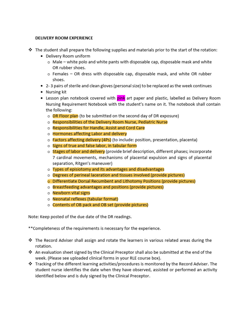 Delivery Room Nursing Requirements Guide | PDF | Childbirth | Nursing