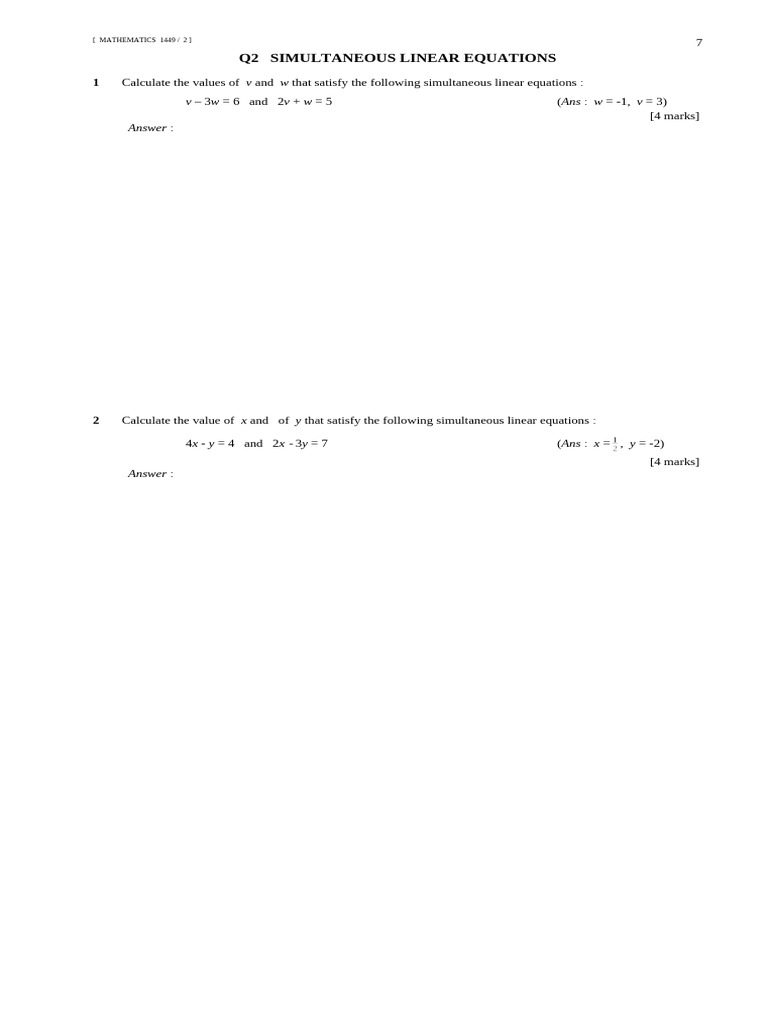 Q2 Simultaneous Linear Equations | PDF | Equations | Mathematical Analysis