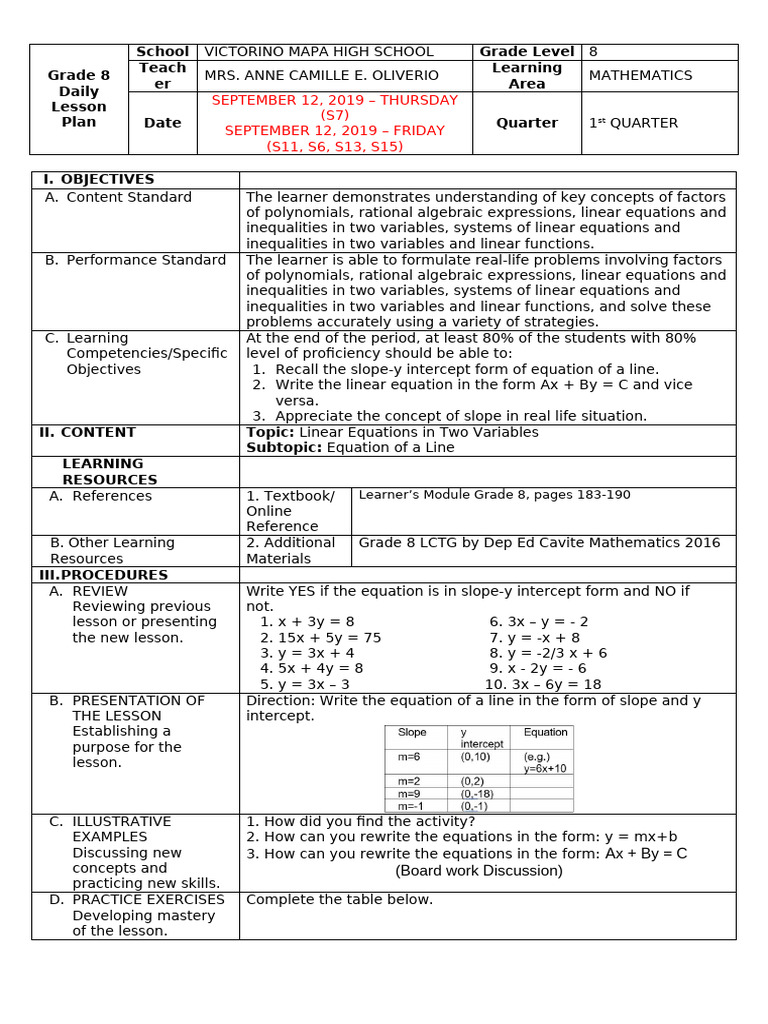 Grade 8 Math Lesson Plan: Linear Equations | PDF | Equations | Variable ...