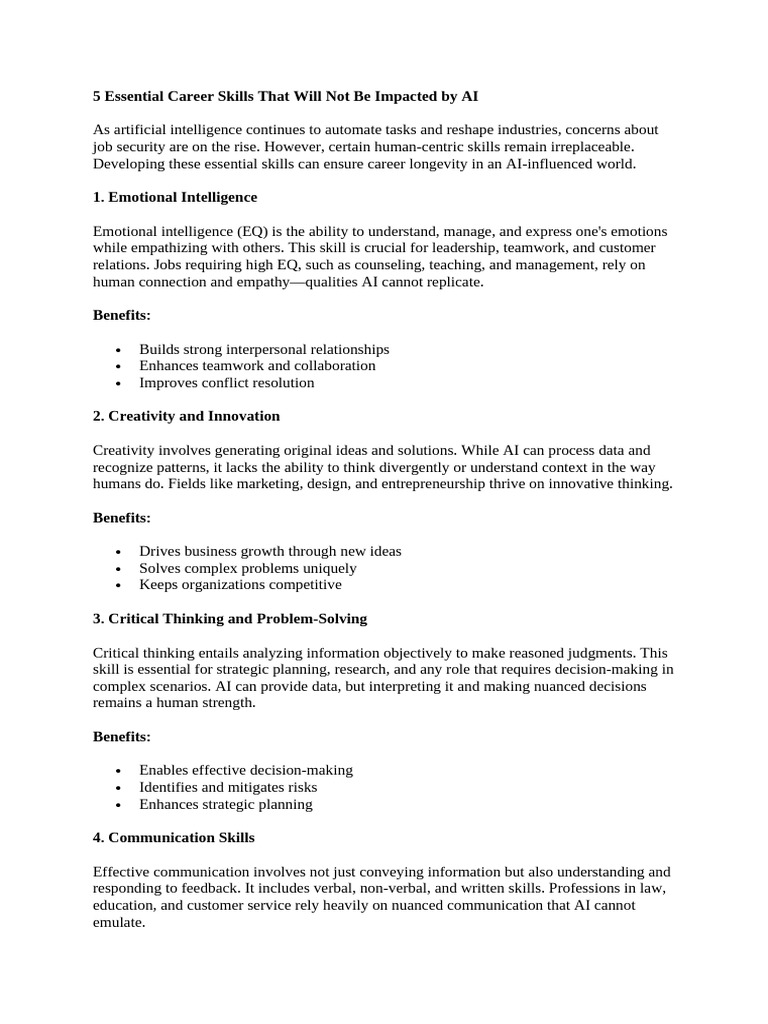 5 Essential Career Skills That Will Not Be Impacted by AI | PDF ...