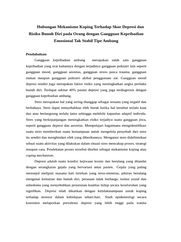 Mekanisme Koping dan Risiko Bunuh Diri BPD | PDF