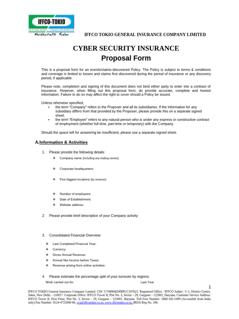 Cyber Insurance Proposal Form | PDF | Security | Computer Security