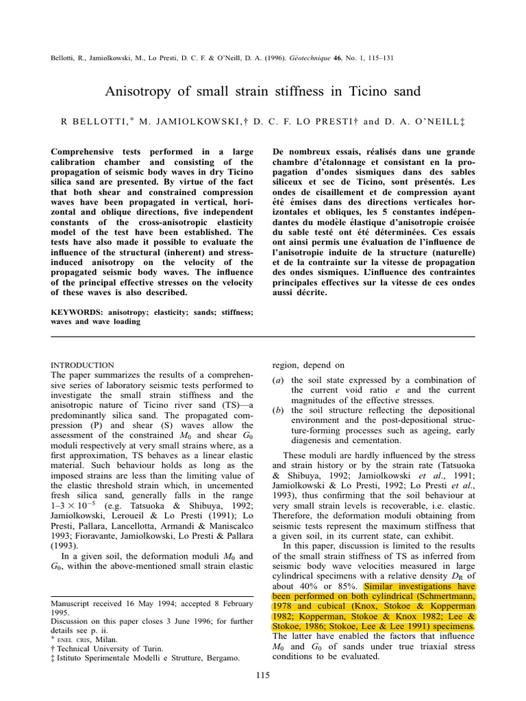 Bellotti1996 - Anisotropy of Small Strain Stiffness in Ticino Sand ...