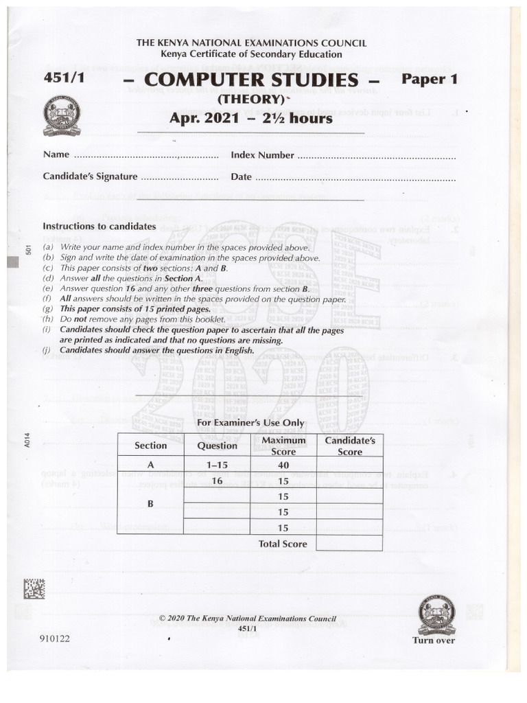 Computer studies kcse 2020 paper 1 pdf