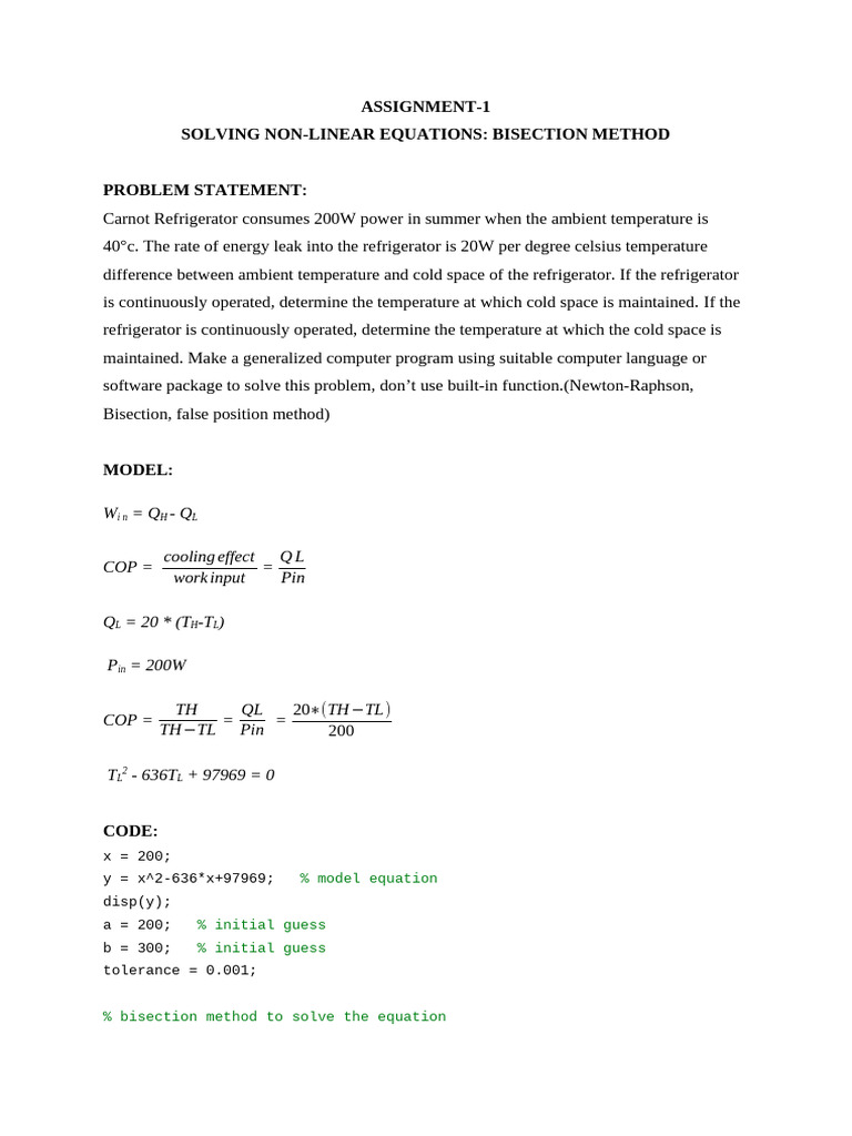 Bisection Method for Refrigerator Equation | PDF