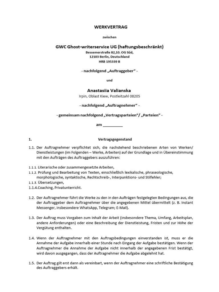 Werkvertrag GWC | PDF