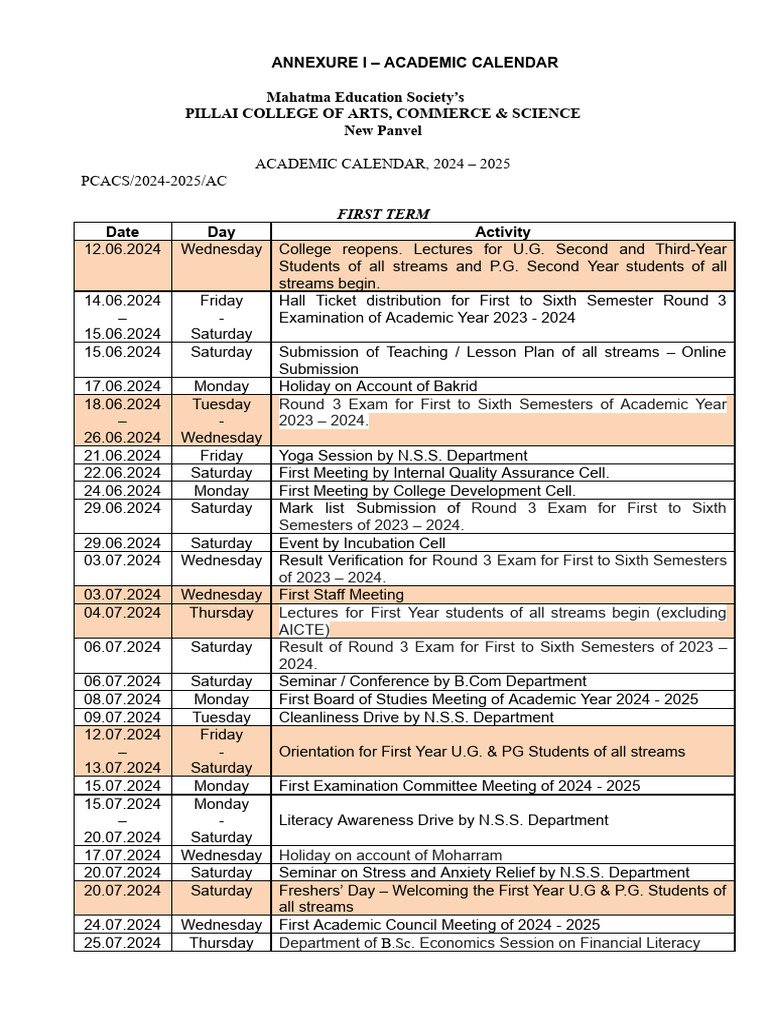 Pillai College Academic Calendar 2024-25 | PDF | Academic Term | Academia