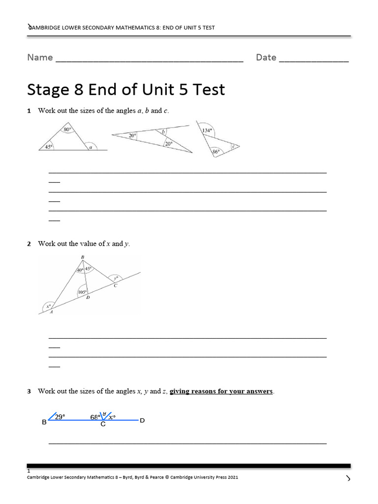 Cambridge Math 8 Unit 5 Test | PDF | Triangle | Perpendicular
