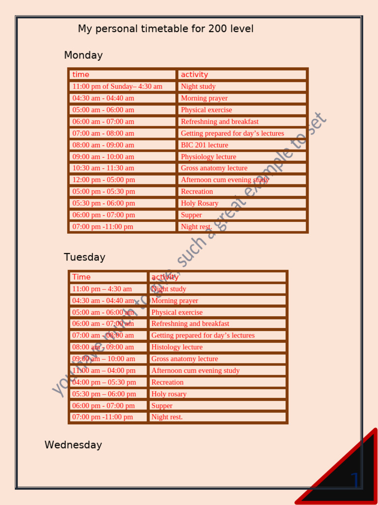 200 Level Weekly Study Timetable | PDF | Christian Worship And Liturgy