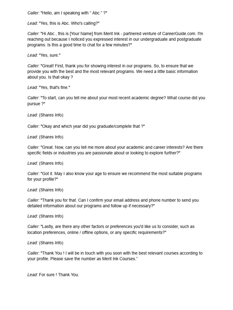 Merit Ink Program Inquiry Call Script | PDF
