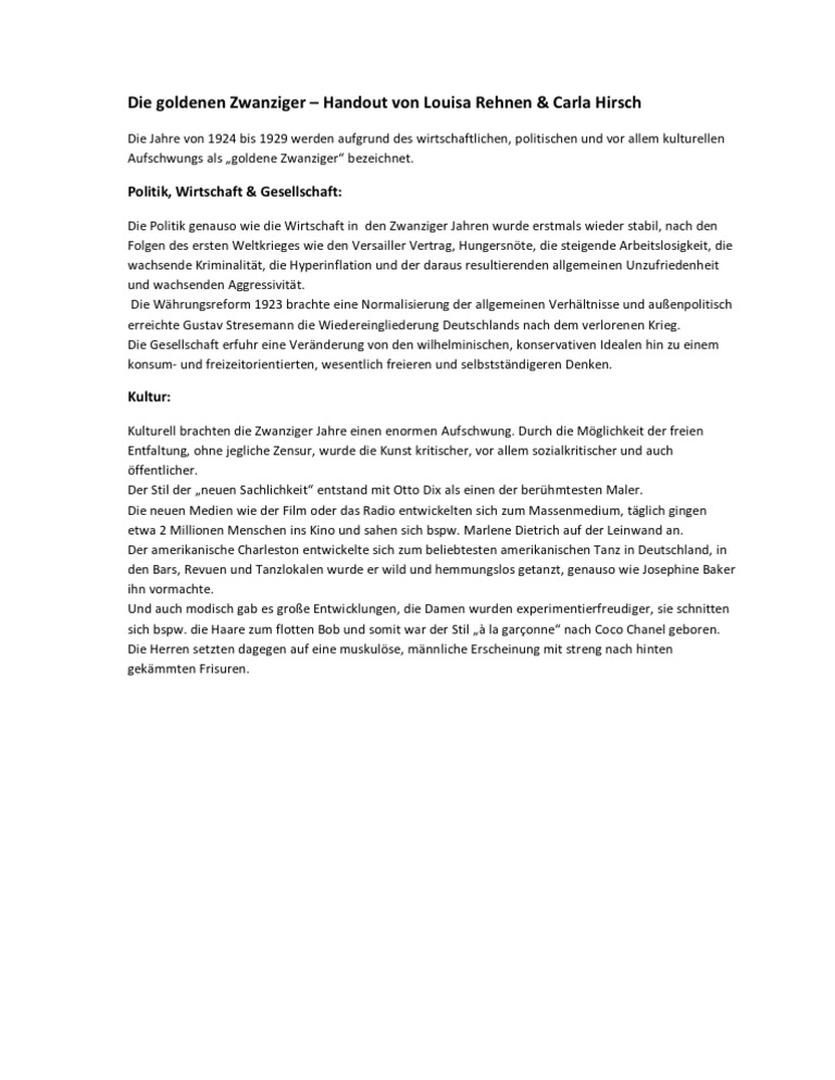 Die Goldenen ZwanzigerHandout PDF