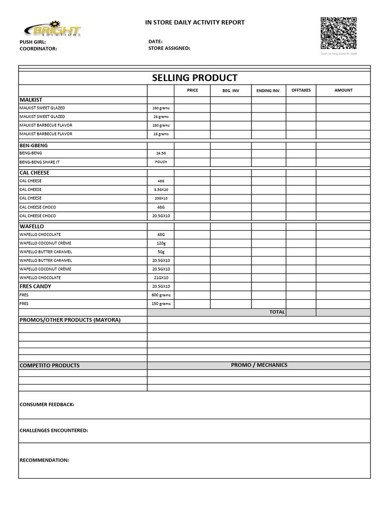 Selling Product: in Store Daily Activity Report | PDF