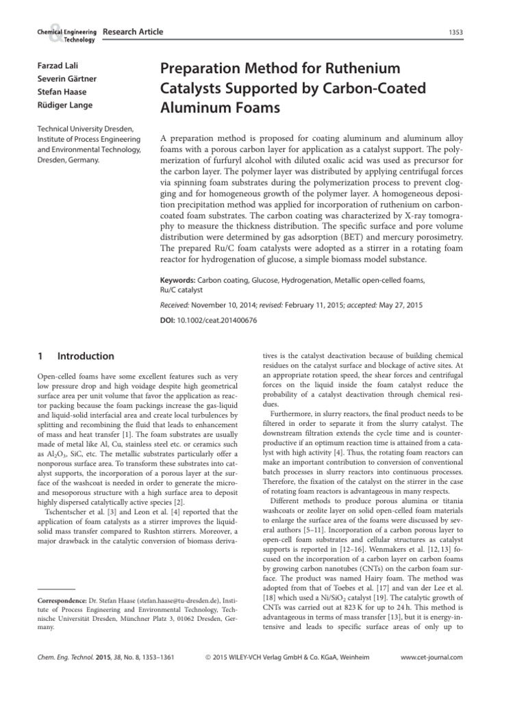 Ruthenium Catalyst on Carbon-Coated Foams | PDF | Catalysis | Foam
