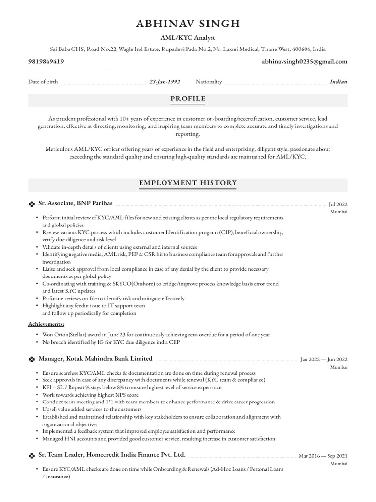 AML/KYC Analyst Profile: Abhinav Singh | PDF | Regulatory Compliance ...