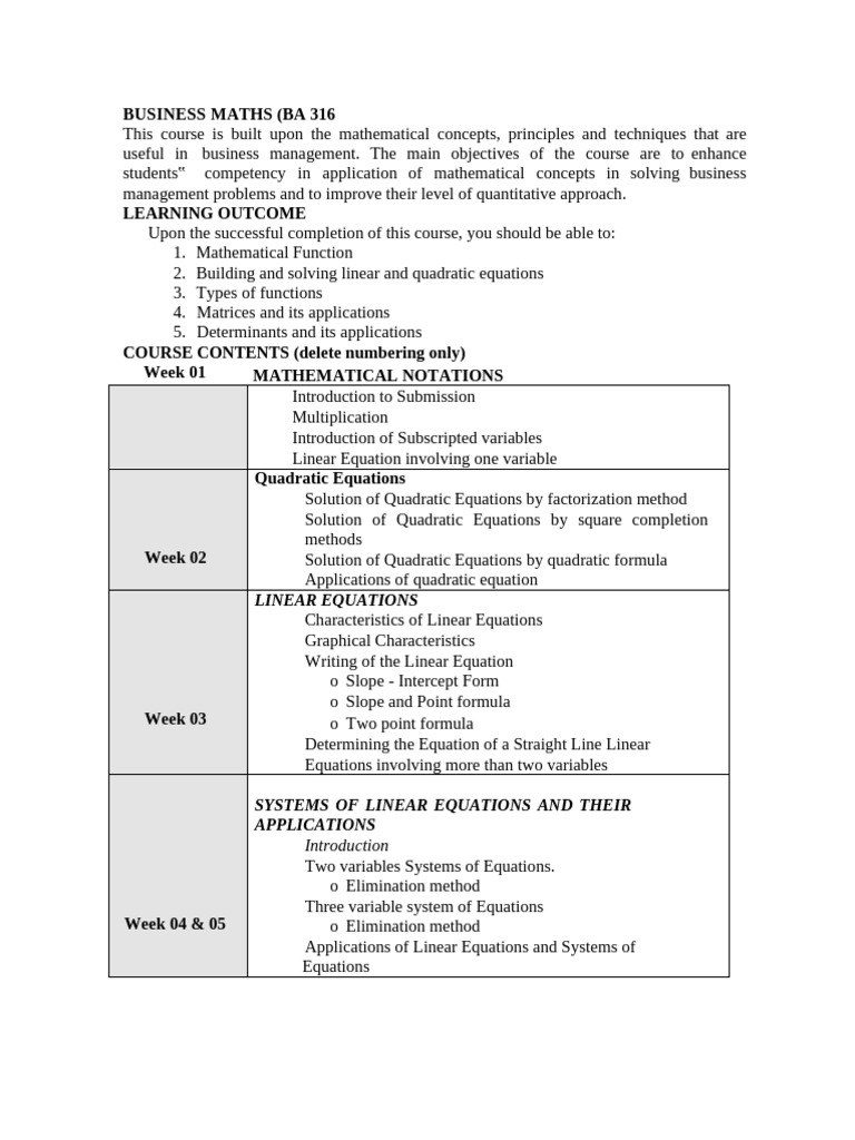Business Mathematics Course Overview | PDF | Determinant | Equations