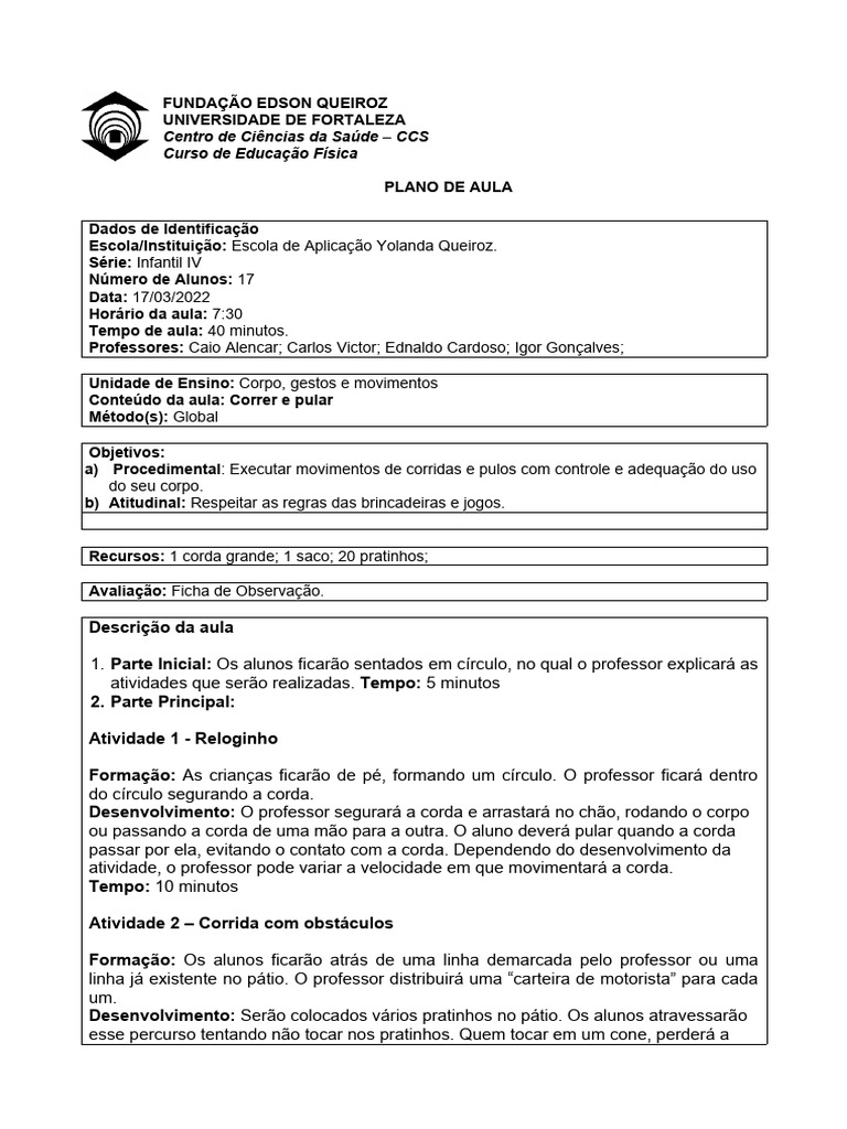 Aula de Educação Física Infantil IV | PDF | Carreira e Crescimento
