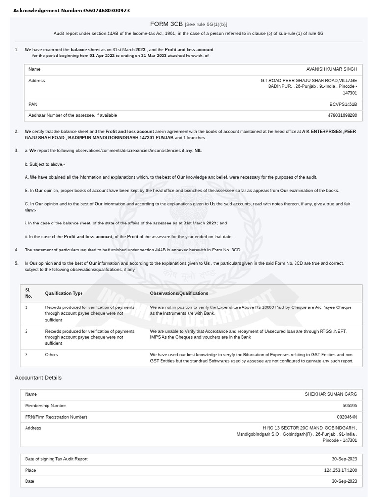 Income Tax Audit Report 2023 | PDF | Payments | Depreciation