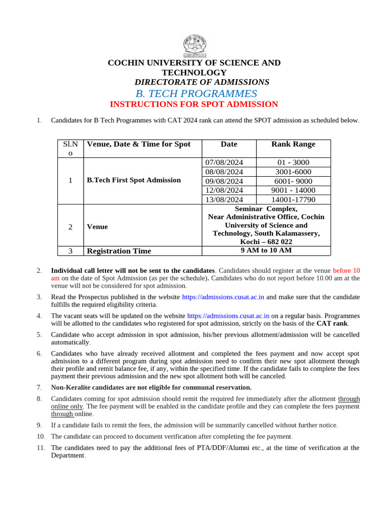 CUSAT B.Tech Spot Admission Guide | PDF | Business | Finance & Money ...