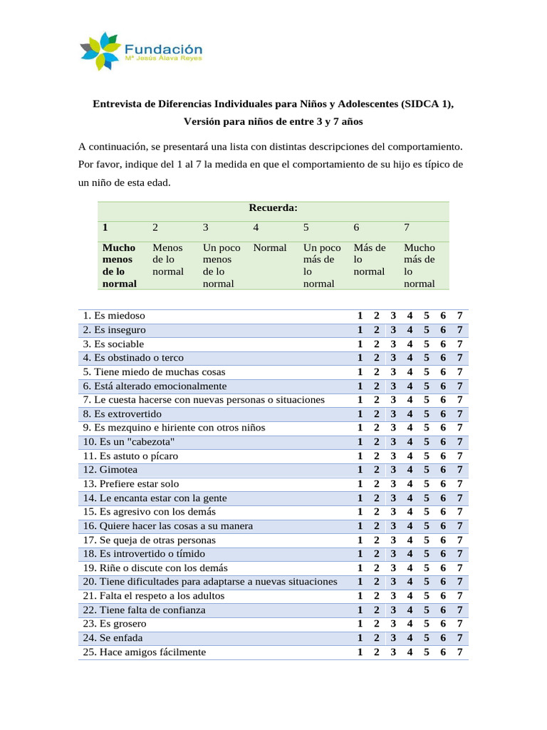 SIDCA 1: Evaluación de Comportamiento Infantil | PDF