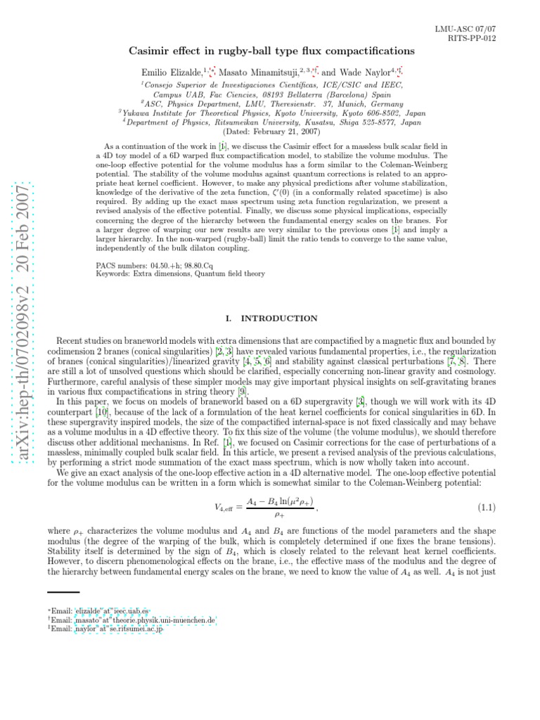 Casimir Effect in Rugby-Ball Compactifications | PDF | Summation ...