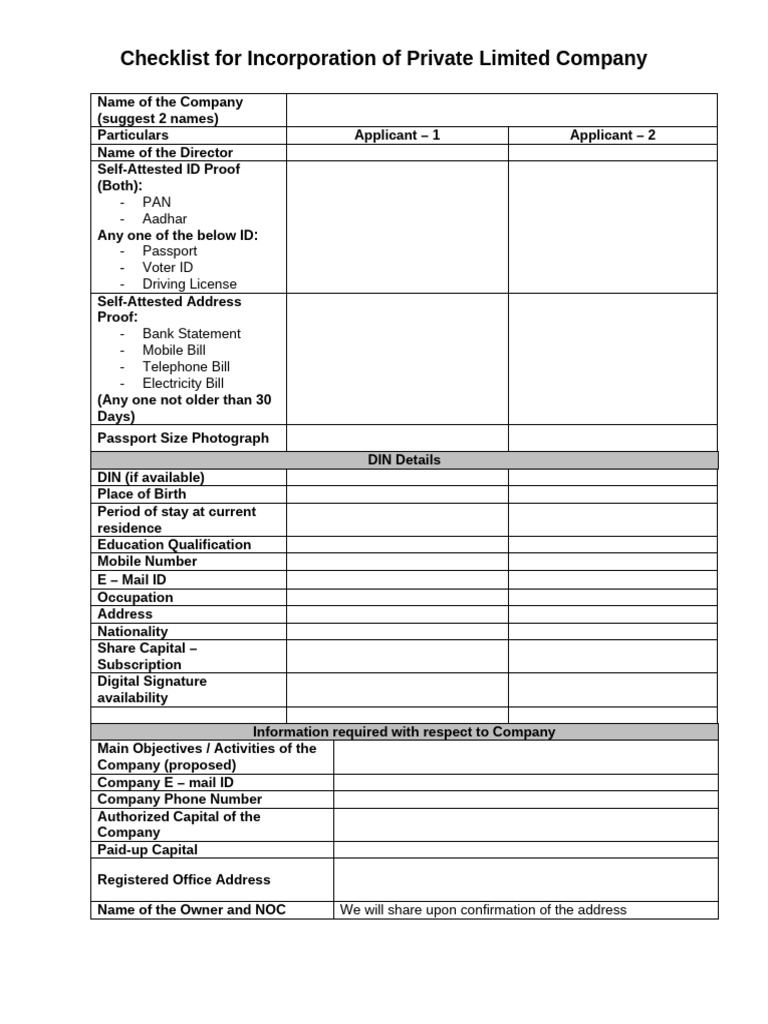 Private Limited Company Incorporation Checklist | PDF | Business | Law