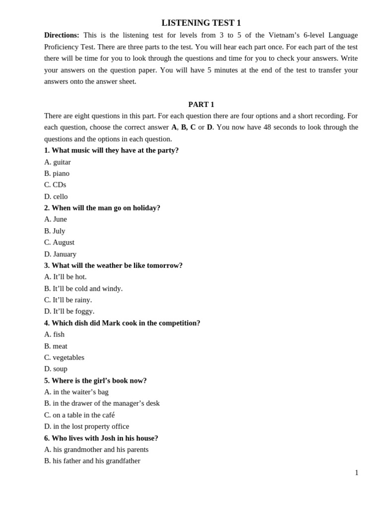 Listening Test 1 Full Pdf