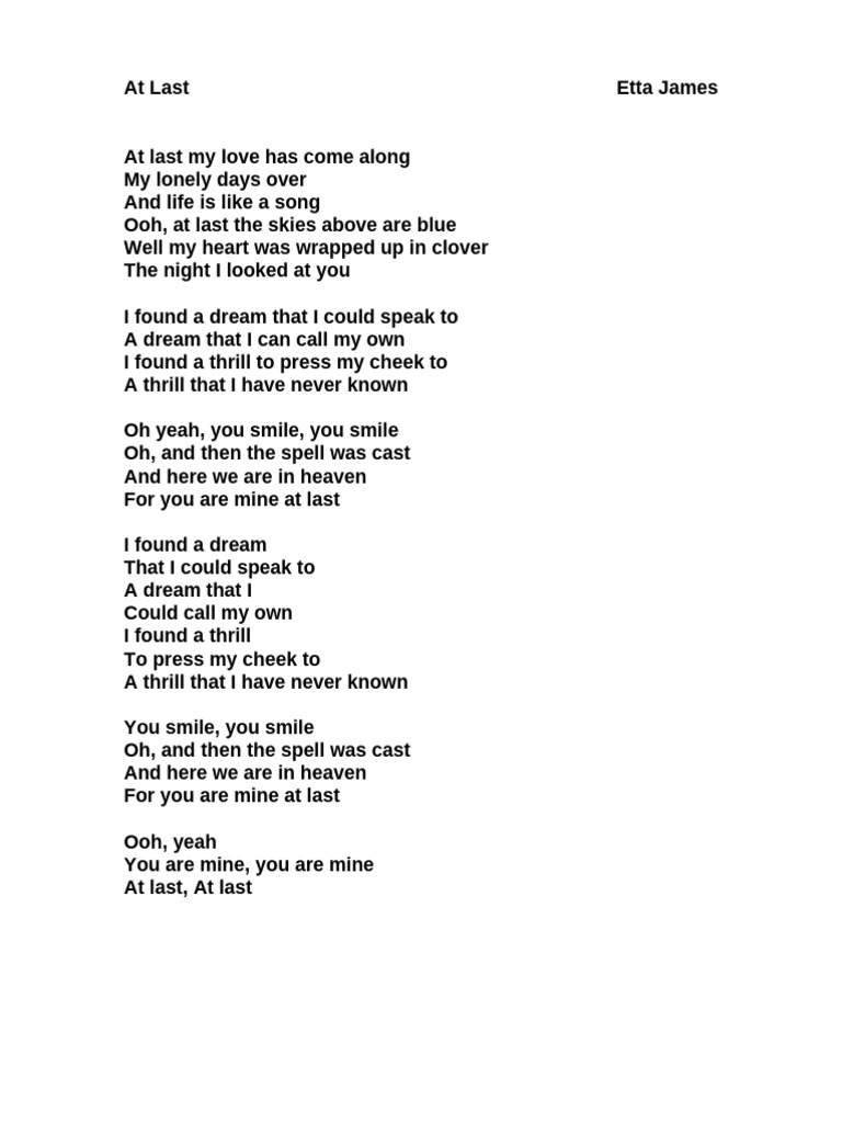 Surprising Lyrics Etta James At Last Gallery