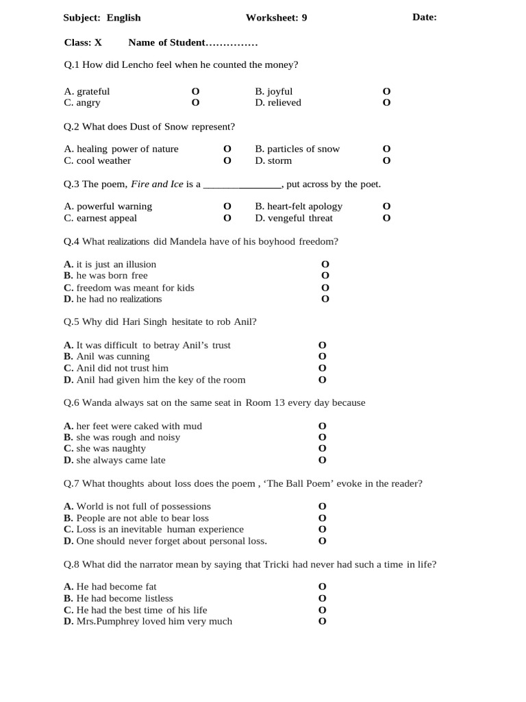 English Worksheet for Class X Students | PDF | Art
