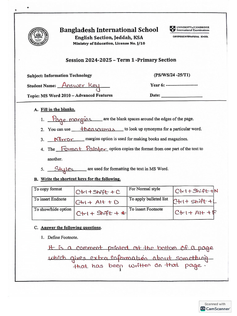 Y6 - IT Worksheet 3 Answer Key | PDF