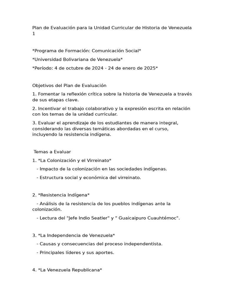 Plan de Evaluación Historia de Venezuela | PDF | Evaluación | Venezuela