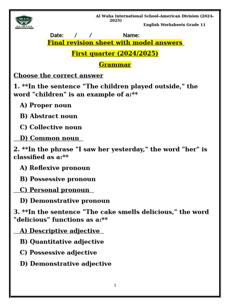 Grade 11 English Grammar Worksheets | PDF | Verb | Adverb