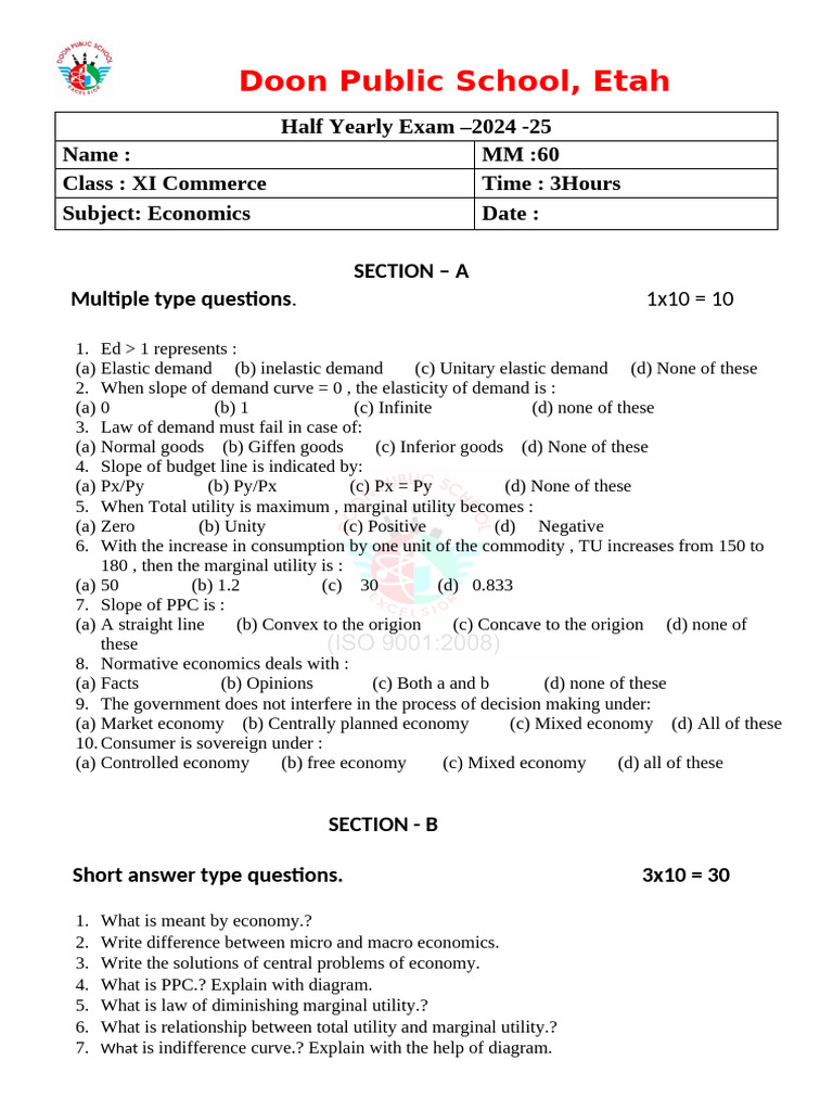 Class XI Eco. HY | PDF | Demand | Utility