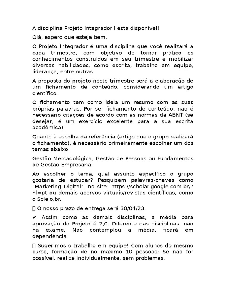 Projeto Integrador I: Fichamento de Artigo | PDF