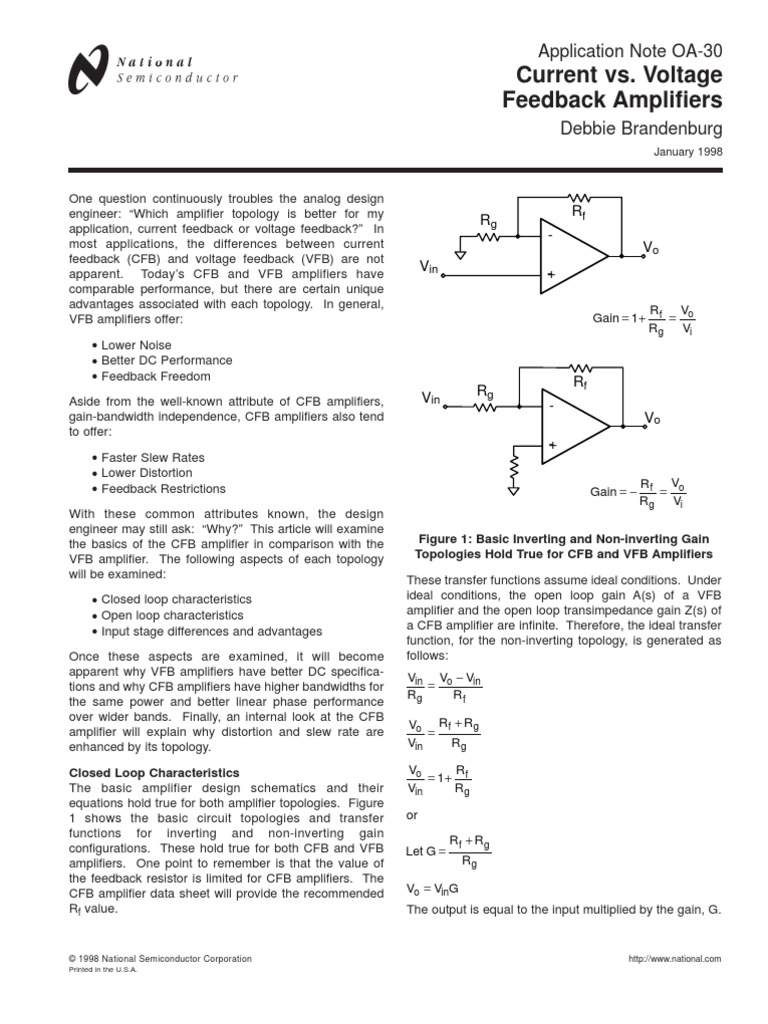 Current vs. Voltage Feedback Amplifiers Application Note OA30 PDF