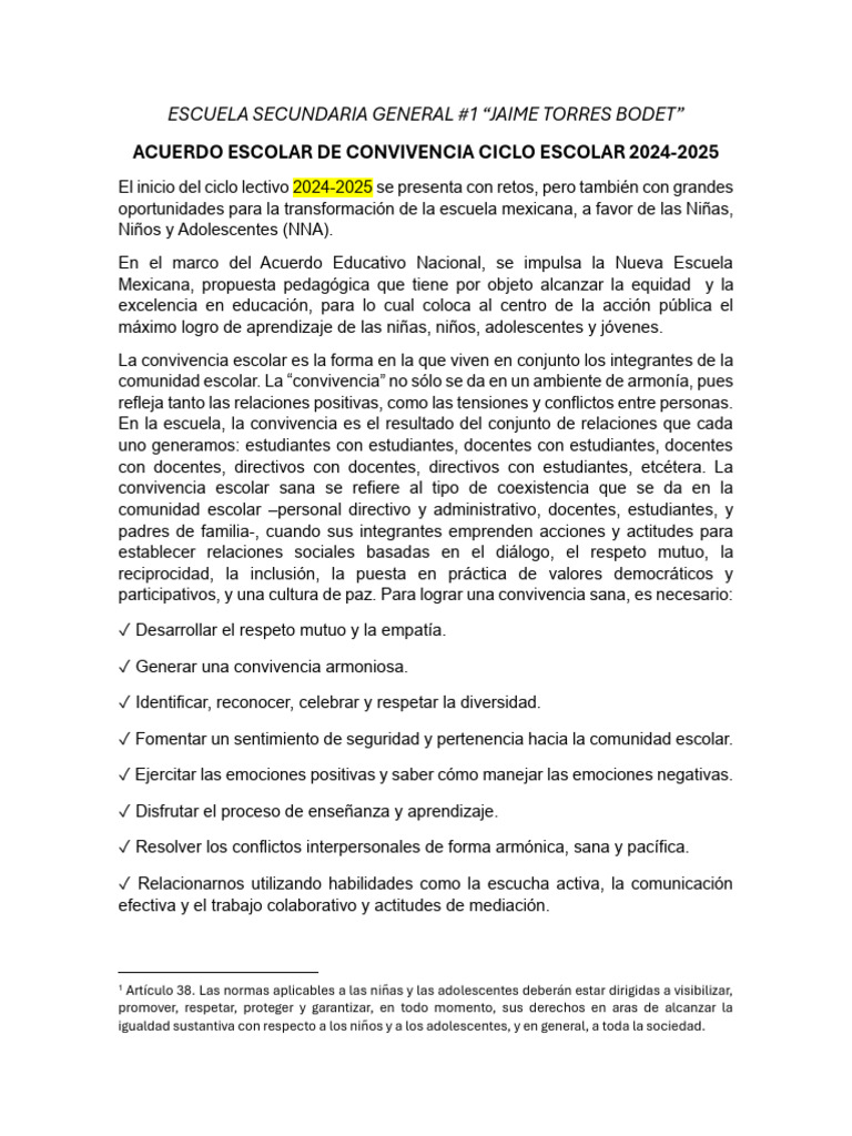 Acuerdo de Convivencia Escolar 2024-2025 | PDF | Escuelas | Aprendizaje
