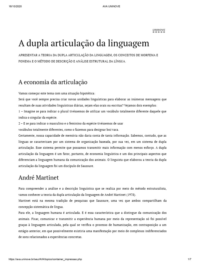 Dupla Articulação da Linguagem | PDF | Linguística | Palavra
