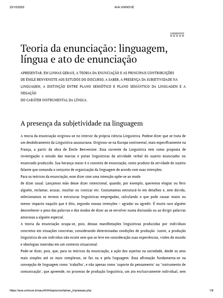 Teoria da Enunciação e Émile Benveniste | PDF | Linguística | Discurso