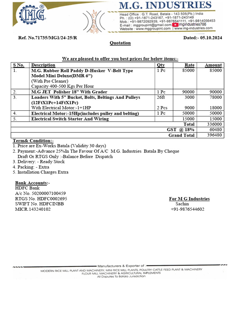 Quotation for M.G. Industries Equipment | PDF