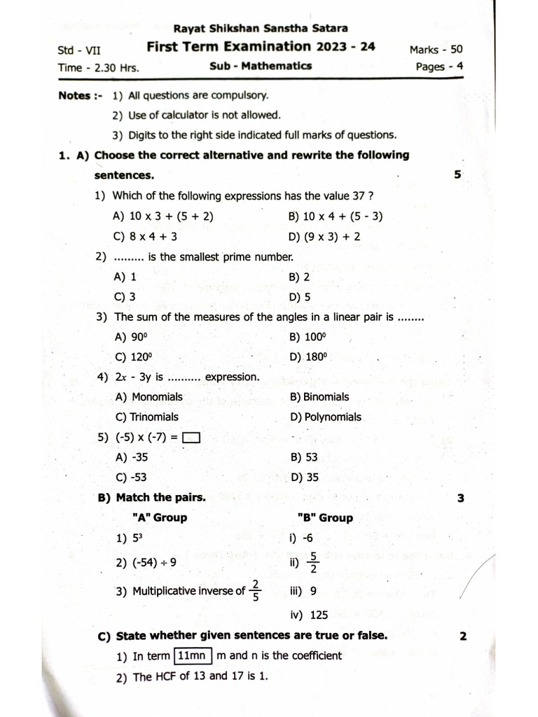 7th Maths-2023-24 | PDF