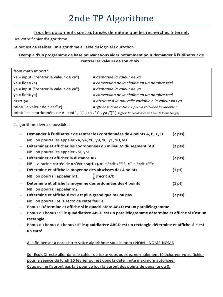 TP Algorithme Python pour Seconde | PDF | Programmation informatique