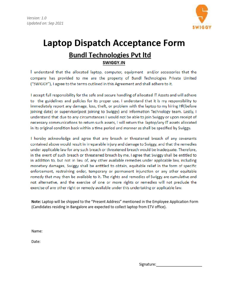 Laptop Dispatch Acceptance Form: Bundl Technologies PVT LTD | PDF