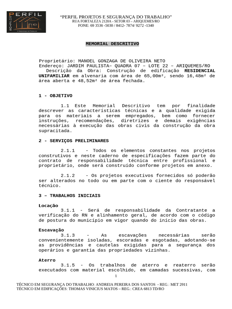 Memorial Descritivo de Construção Residencial | PDF | Argamassa ...